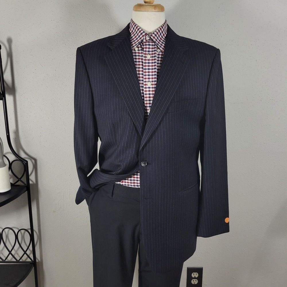 Express Men's Sport Coat Blazer Two Button Deep Navy Striped Premium Wool 44R‎